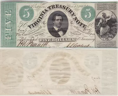 1862 $5 Virginia Treasury Note Cr-13 Almost Uncirculated Civil War Era #30007 • $69