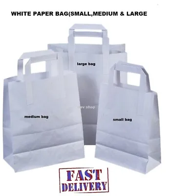 Kraft Craft Paper SOS Carrier Bags WHITE With Flat Handles /Takeaway/ Restaurant • £34.99