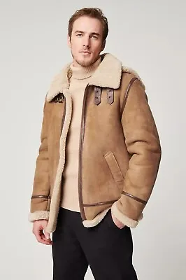 Men's Aviator Brown B3 Hooded Real Shearling Sheepskin Leather Bomber Jacket • $438.90