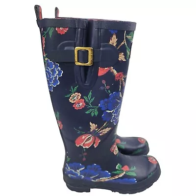 Joules Tall Rain Boots R Wellyprint Navy Blue Floral Waterproof Women's US 5 • $24.95