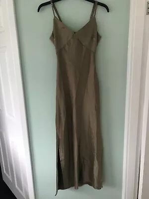 QUIZ Clothing Khaki Satin Tie Back Split Midaxi Dress UK Size 8 • £20