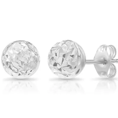 14K Real Solid White Gold Diamond-Cut Round Ball Stud Push-back Earrings • $59.99