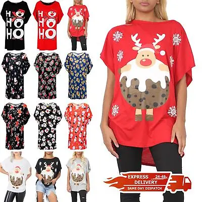Womens Ladies Christmas Printed Baggy Oversized Batwing Basic Xmas T Shirt Top • £6.49