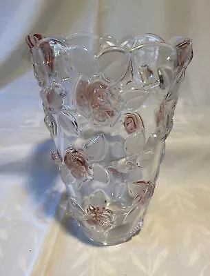 Mikasa Bella Rosa Vase Crystal Pink Roses Frosted Leaves • $30