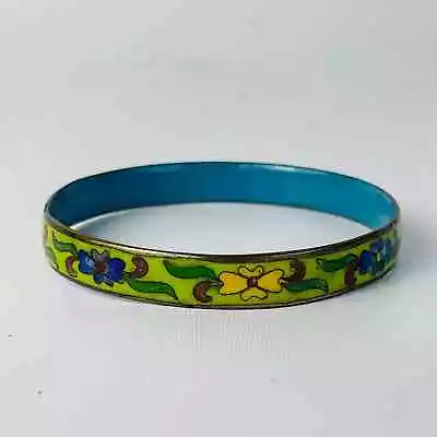 Vintage Slim Cloisonne Enamel Bangle Bracelet Flowers Flat Edge  • $20