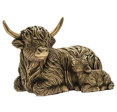 £14.95 • Buy Leonardo Bronze Reflection Lying Highland Cow And Calf Baby Ornament