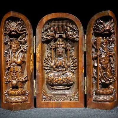 Vintage Japanese Netsuke Old Boxwood Carved Three Open Buddha Box Statue #4 • £38.39