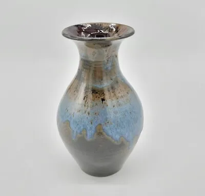 Vintage Mid-Century Modern Art Pottery Drip Glaze Gun Metal Blue Metallic Vase • $42.07