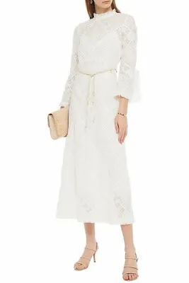 $95 • Buy ZIMMERMANN 0 / AU 8 / US 4 Freja Belted Lace White Cotton Midi Dress RRP $1780