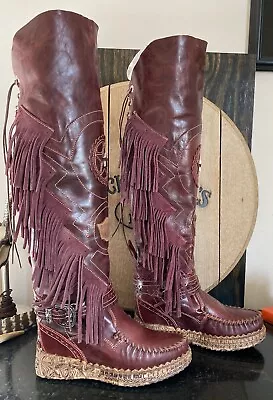 El Vaquero Fargo Wanted Barn Wedge Tall Leather Moccasin Boots - Size 38 - NIB • $395