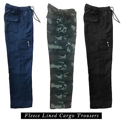 Mens Fleece Lined Cargo Bottoms Elasticated Walking Trousers Combat Work Pants • £19.99