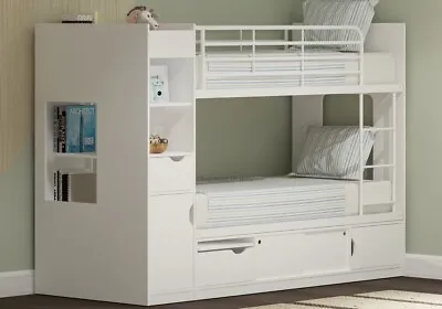£519 • Buy White Storage Bunk Bed - Single - Cupboards - Shelves - Drawers - Childrens Beds