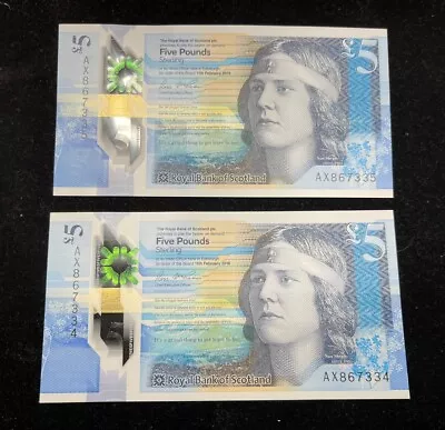 2016 Scotland 5 Pounds 2 Consecutive Banknotes Lot Excellent Condition • $20