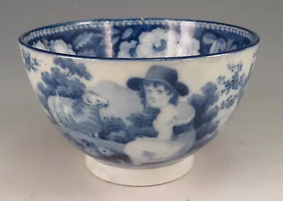 £31 • Buy Antique Pottery Pearlware Blue Transfer Rural Scenic Tea Bowl Girl & Sheep 1825