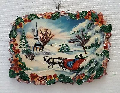 HORSE DRAWN SLEIGH SNOWY CHURCH SCENE * Glitter CHRISTMAS ORNAMENT  Vtg Img • $10.50