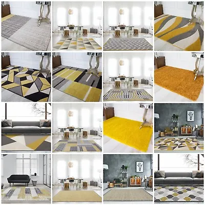 Modern Ochre Yellow Living Room Rugs Gold Mustard Geometric Moroccan Shaggy Rugs • £21.95