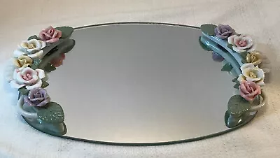 Capidomonte Mirror Dresser Handled Vanity Tray Porcelain Flowers Leaves 13.5”x9” • $29