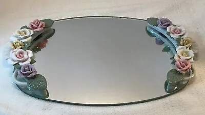 Capodimonte Mirror Dresser Handled Vanity Tray Porcelain Flowers Leaves 13.5”x9” • $24