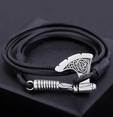£5.99 • Buy Viking Axe Bracelet Silver Helm Of Awe Triquetra Norse Faux Leather Cord 🇬🇧 