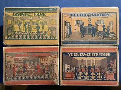 1920's MARX HOME TOWN TIN TOY NEWLYWED STORE MEAT MARKET POLICE STATION RARE BOX • $71