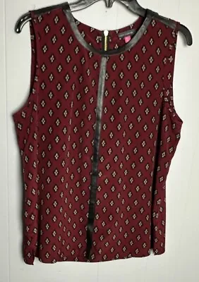 Vince Camuto Faux Leather Trimmed Sleeveless Patterned Maroon Blouse Size PL • $10