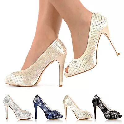 £16.99 • Buy Womens Wedding Prom Party Evening Diamante High Heel Peep Toe Sandals Shoes