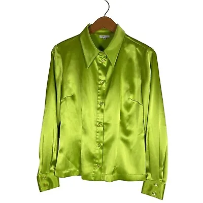 Vintage 90s Lynn Lugo Womens Size 8 Glam Satin Green Blouse Triacytate Blend EUC • $34.95