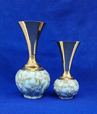 2 Vtg DELFT Mid-Century Modern Blue Ceramic Brass Necks Vases Hand-painted READ • $29.99