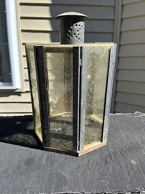 Vintage Octagon Punched Tin & Amber Bubble Glass Lantern Cover • $75