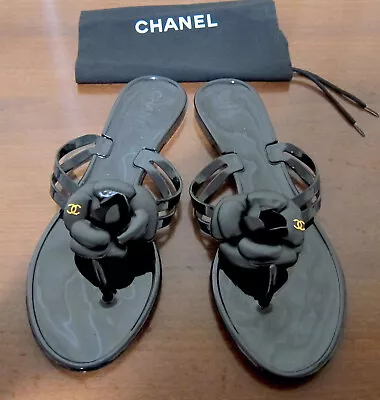 Chanel Women's Jelly Flip Flops Black - With CC Logo Camellia Flower Sz 9 • £246.03