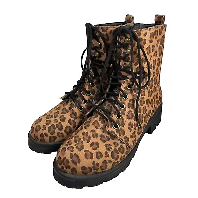Mia Miki Combat Boots Women's Size 7M Leopard Print Lace Up Zip 1.75 Block Heel • $34.88