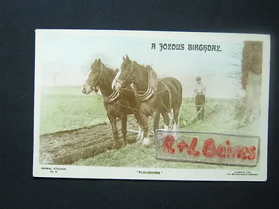 A Joyous Birthday Ploughing Shire Horses Lilywhite Greetings Postcard • £5