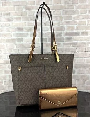 MICHAEL KORS JET SET TRAVEL MEDIUM POCKET TOTE SHOULDER BAG WALLET SET Brown • $139