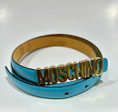 Authentic Vintage Moschino Women Blue Leather Gold Letters Skinny Belt. Sz 38 • $110