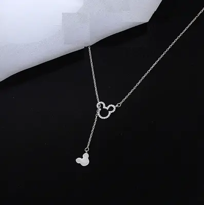 Silver Double Disney Mickey Mouse Pave Cubic Zirconia Pendant Chain Necklace • $9.99