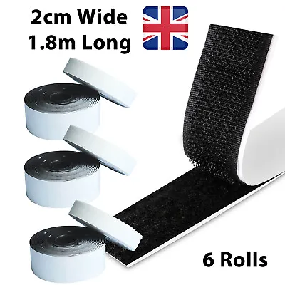 6 Roll Black Hook & Loop Tape Self Adhesive Double Sided Sticky Strip 2cm X 1.8m • £5.49