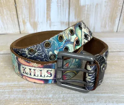 Ed Hardy Distressed Belt Skull Crossbones Love Kills Size M Cracked Leather  Y2K • $38.99