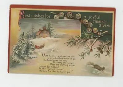 $3.10 • Buy Vintage Thanksgiving Postcard   BELLS  BRANCH  HOUSE  SLEIGH  EMBOSSED  UNPOSTED