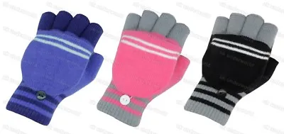 £3.29 • Buy Girls Fingerless Gloves Childrens Kids Striped Half Finger Converter Mittens