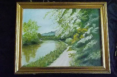 Original Oil Painting English Rural Canal Scene Canal Towpath Boat House. • £38.25