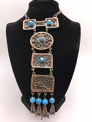 Vtg Casa Maya Mexico Statement Necklace Pendant Handmade Copper Brass Turquoise • $185