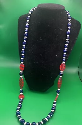 Vintage Miriam Haskell Red Blue White  USA Bead Necklace Ceramic Lucite Glass 32 • $59.49