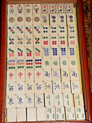 Vintage 1920's Mah Jong Game Set 148 Tiles Hand Painted Bone Bamboo Wood Case • $250