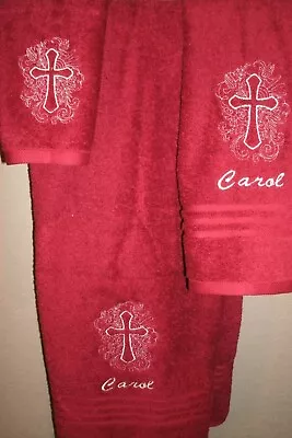 Cross Sketch Personalized 3 Piece Bath Towel Set Any Color Choice Religious  • $28