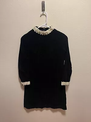 Vintage 60's Black Velvet Mod Mini Party Dress Prairie Baby Doll Sequins Sz S/M • $25