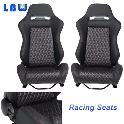 2PCS Car Racing Seats  Black PU Leather + Pink String Grid Car Seats W/2 Sliders • $400.72