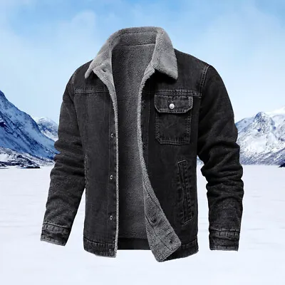 Mens Winter Warm Fleece Lined Denim Jacket Jean Coat Trucker Sherpa Fur Collar • £11.99