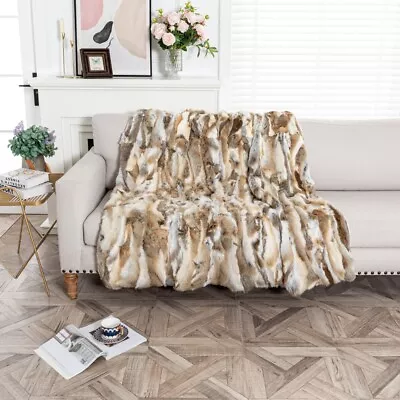 100% Real Fur Throw Soft Rabbit Fur Blanket Warm Luxury Quilt Bedspread 4.6x5.2' • $76.99