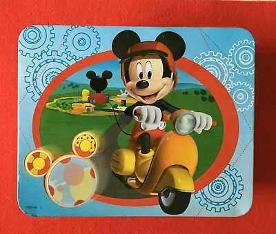DISNEY MICKEY MOUSE LUNCHBOX JIGSAW Mickey On A SCOOTER Metal  VERY CLEAN • £5.72
