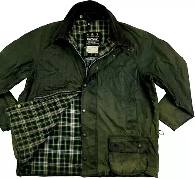 HOT VTG Men's BARBOUR A150 BEAUFORT WAXED Cotton PLAID LINED OLIVE Jacket C50 XL • $125